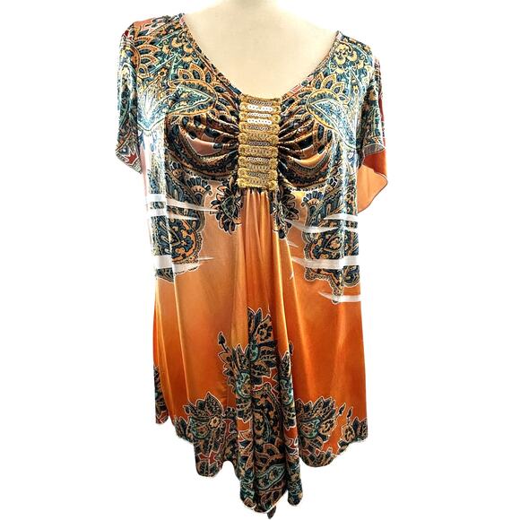 OneWorld size 1X top blouse Orange print live & let live sequins bat wings long - Picture 1 of 6
